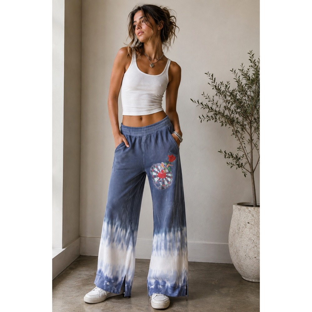 Boys Lie Blue Tie Dye Waffle Knit Wide Leg Thermal Pants Small Graphic Cherub